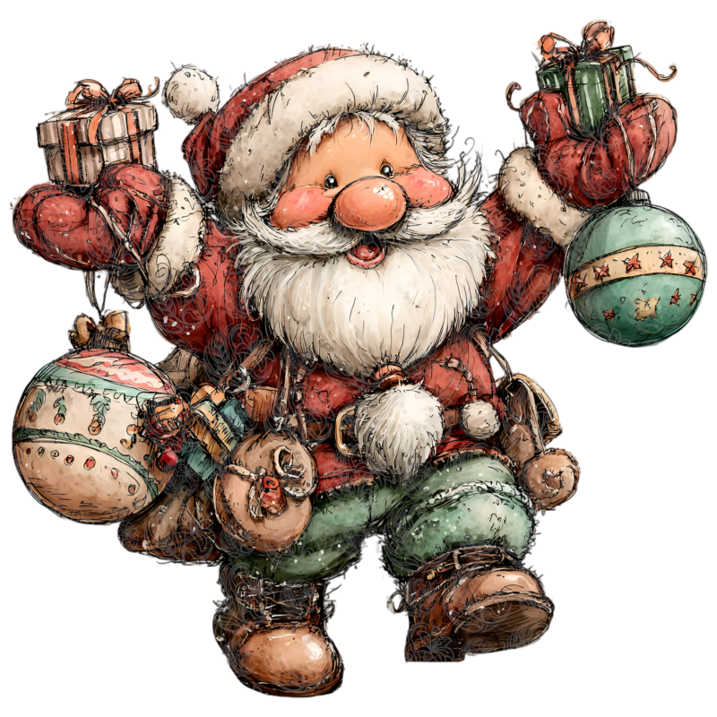 Whimsical Santa holding ornaments and gifts in a charming illustrated style, Grey Barn Handwerk, Saskatchewan.